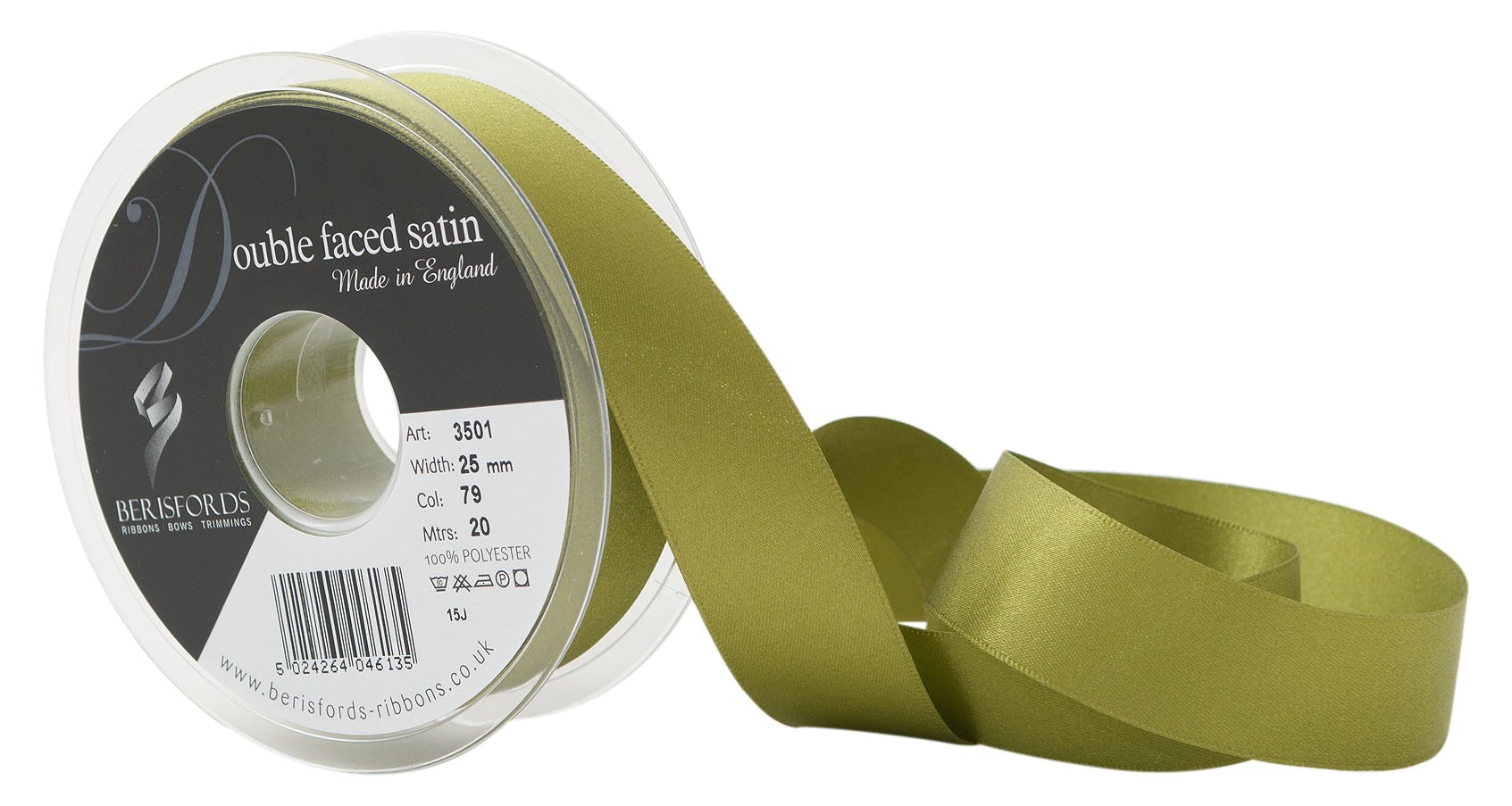 Berisfords Double FACE Poly Satin Ribbon, Moss, 25 mm — image 1