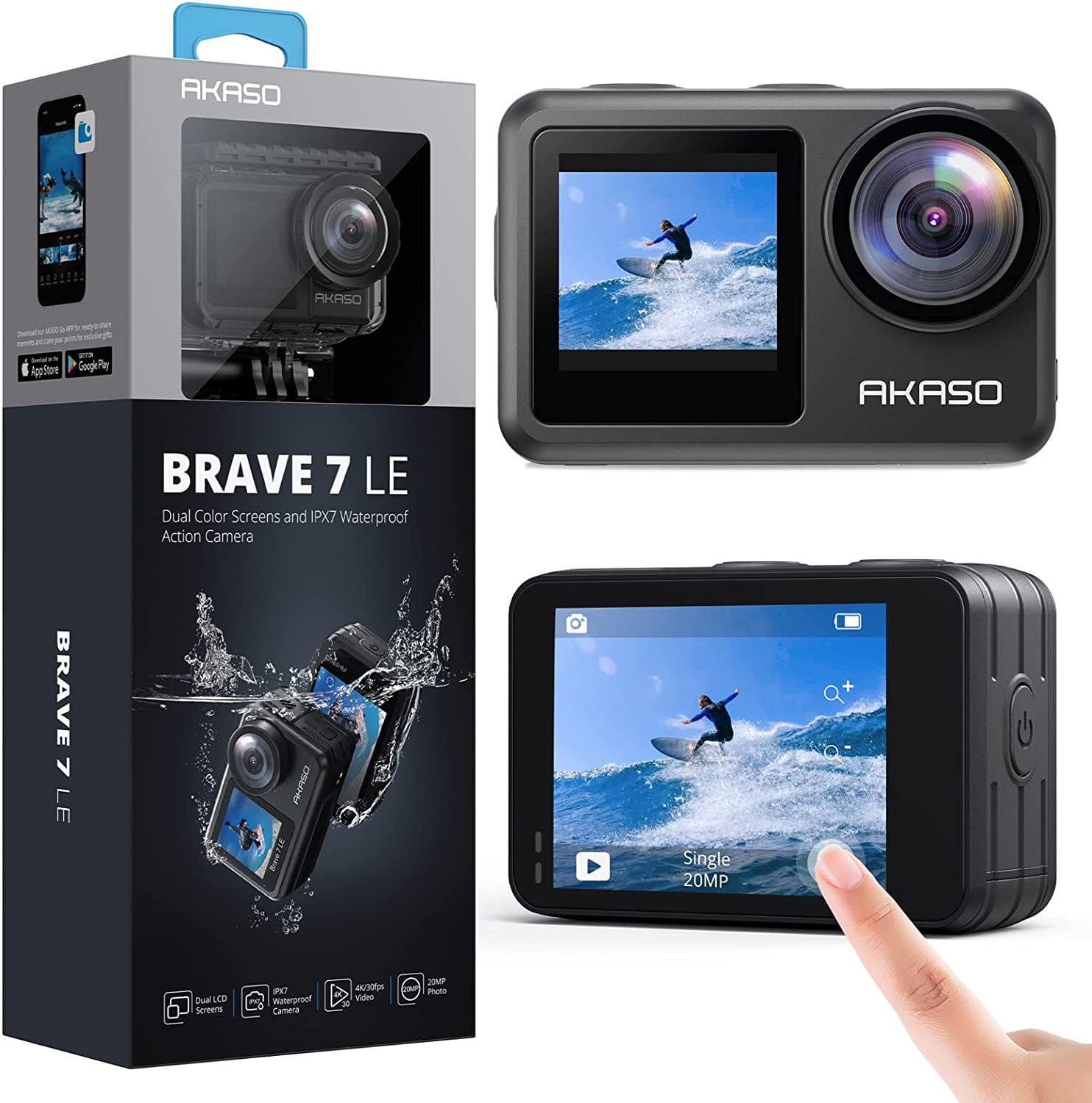 AKASO Brave 7 LE Action Camera, IPX7 Waterproof Navitve 4K 20MP WiFi Sports Camera with Touch Screen, EIS 2.0 Remote Control Underwater 40M Cam with 2X 1350mAh Batteries — image 1