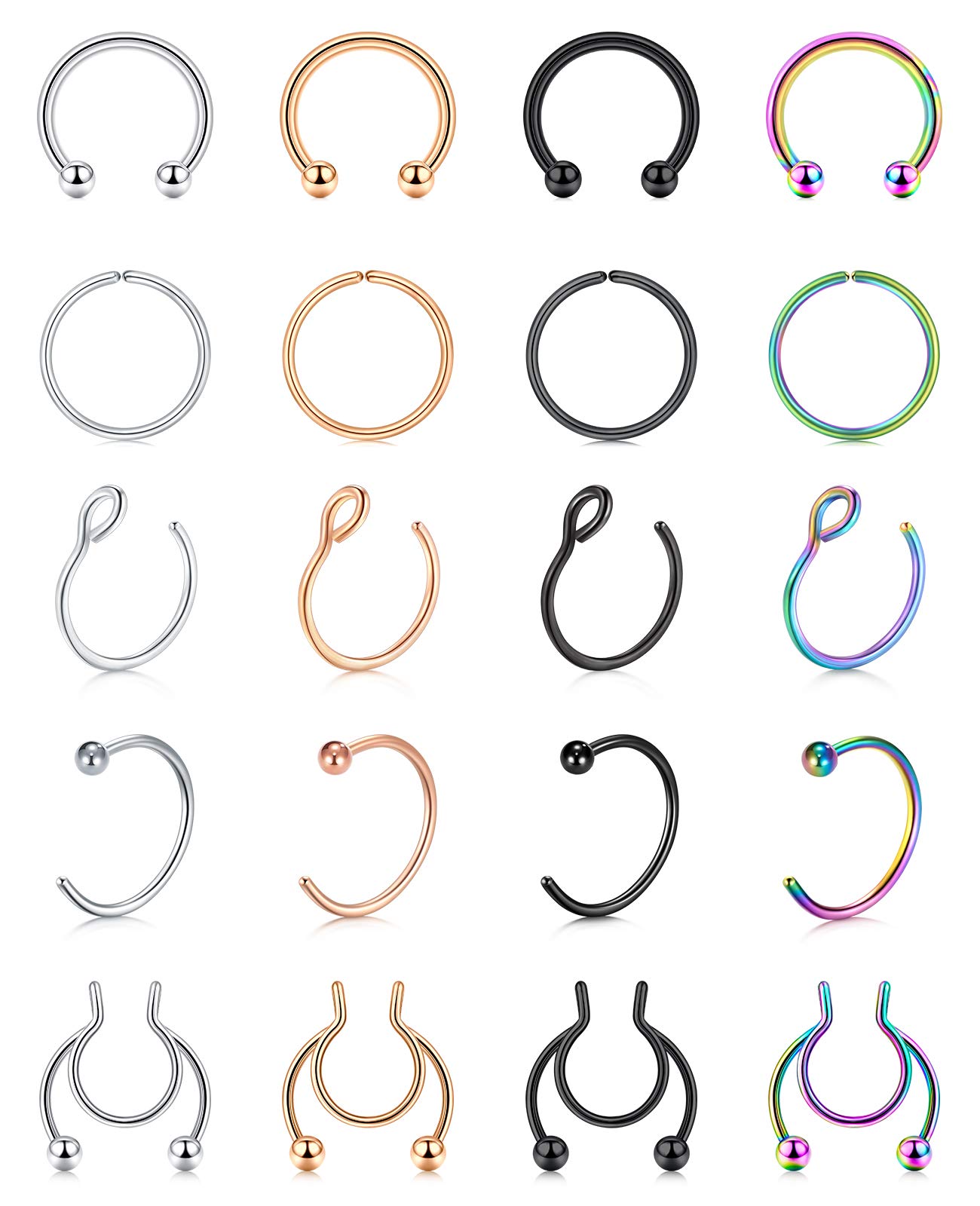 AceFunFake Nose Ring Clip-On Septum Hoop & Lip Ring | Stainless Steel Non-Piercing Jewelry | Costume, Festival, Everyday Wear