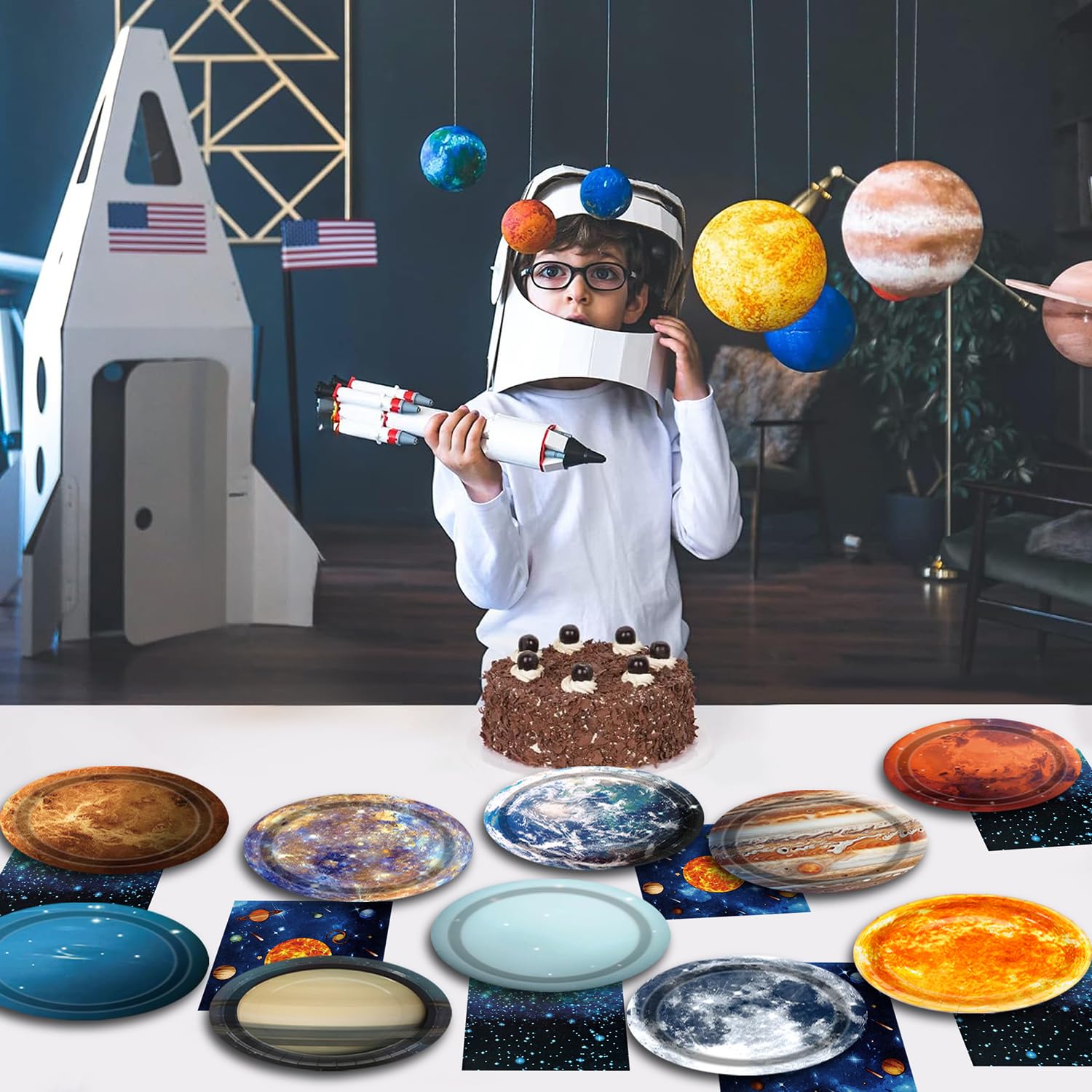 Space Theme Party Decorations 100Pcs Galaxy Planet Outer Space Disposable Plates and Napkins for Kids Space Solar System Planets Baby Shower Birthday Party Decorations, 9inch