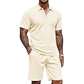 COOFANDY Men's Waffle Knit Polo Shirt and Shorts Set 2 Pieces Outfits Summer Suit Casual Tracksuit with Pockets