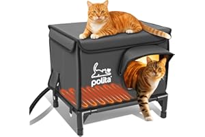 Polita Indestructible Heated Cat House for Outdoor Cats in Winter, Extremely Insulated & 100% Weatherproof, Elevated Feral Cat Shelter with Waterproof Eaves & Safe Escape Door for Stray & Barn Cats​​