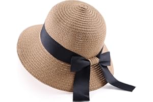 PESAAT Women Summer Straw Hat Girls Bowknot Beach Caps Wide Brim Foldable Sun Hats