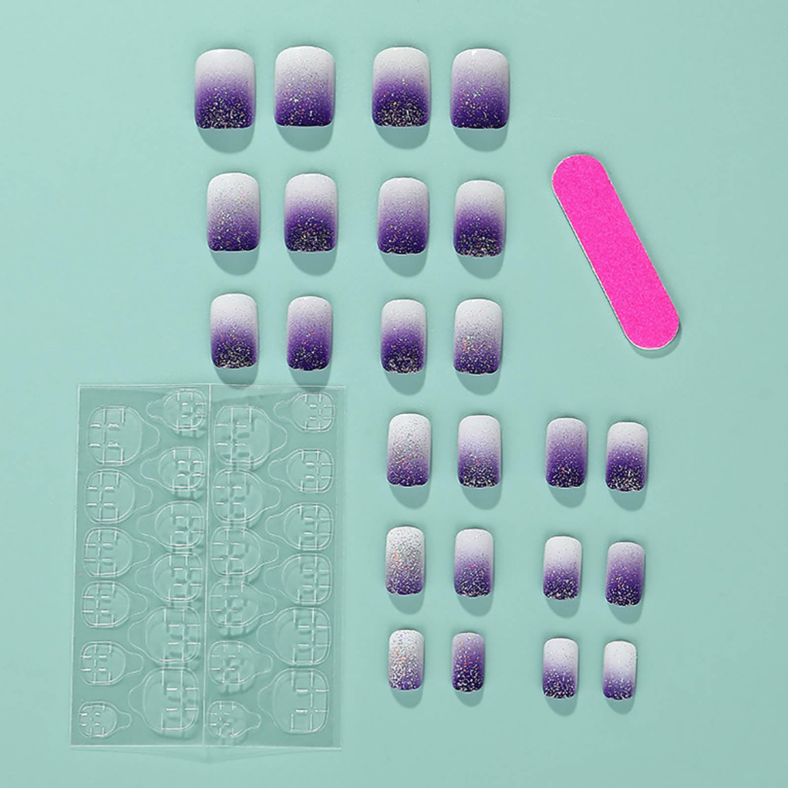 Square Press on Nails Short Fake Nails Purple French Tip False Nails Ombre Glue on Nails with Glitter Designs Nails Press ons Acrylic Nails Glossy Stick on Nails for Women and Girls 24Pcs - Image 6