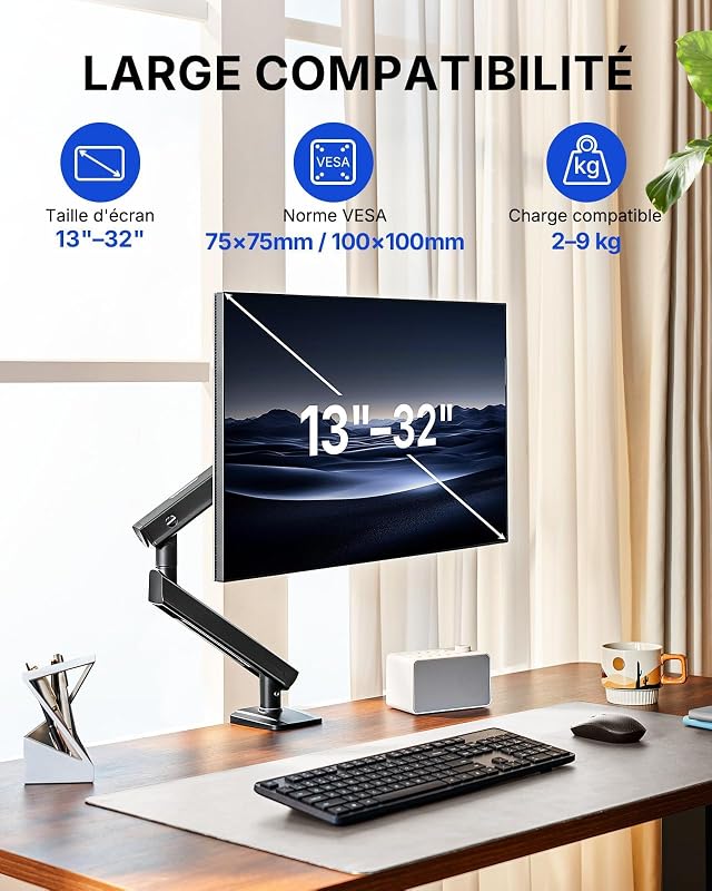 Bras Écran PC 13-32'', Support Moniteur Robuste sans Affaissement