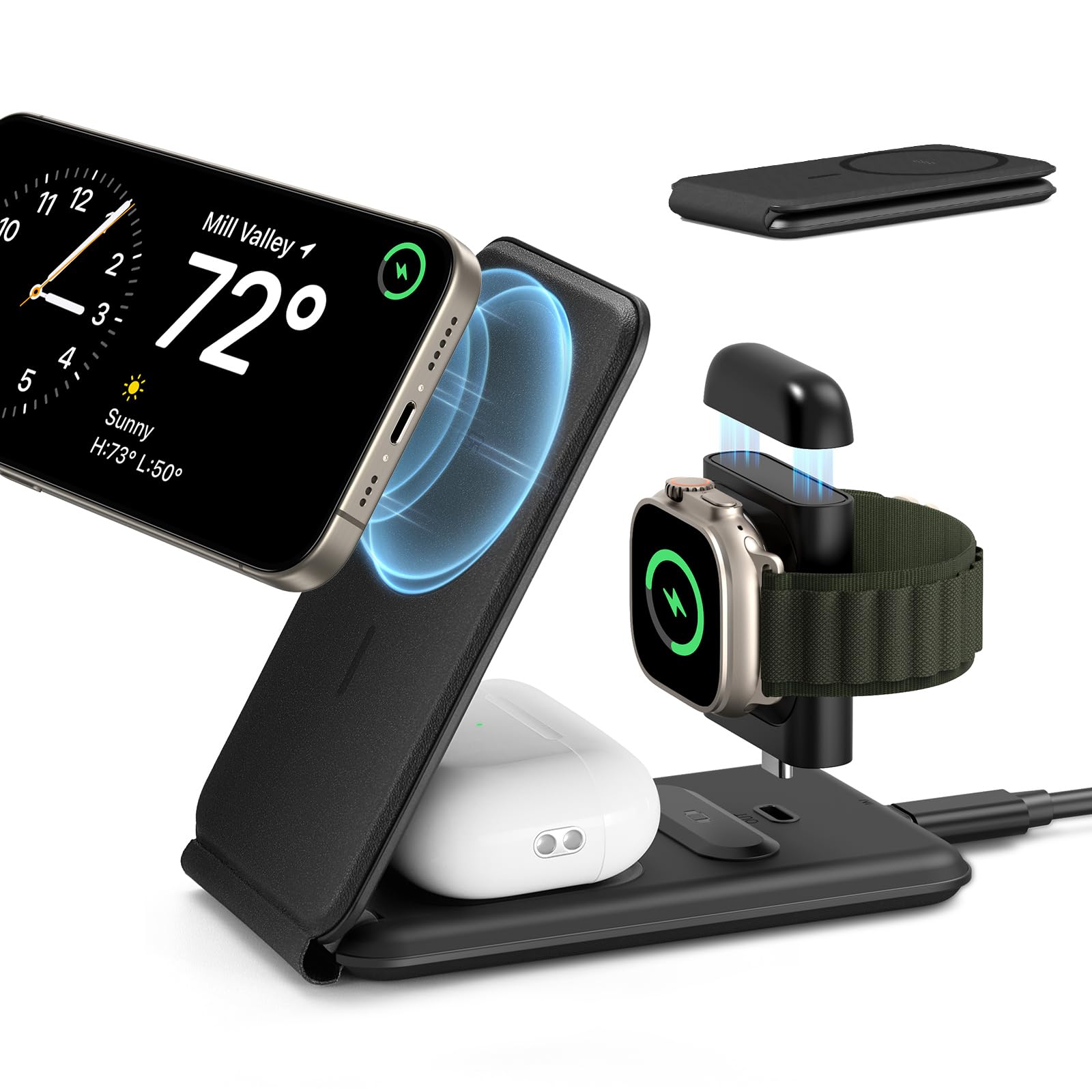 Photo 1 of ESR 3 in 1 Charger for Magsafe, Travel Charger Stand for Magsafe, Made for Apple Watch Certified, Foldable Charging Station Compatible with iPhone 17/16/15/14/13/12, AirPods Pro, Black