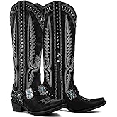 Yolkomo Cowboy Boots for Women Knee High Western Cowgirl Boots with Embroidery Belt Buckle Chains