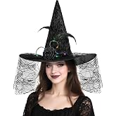Leuceiy Halloween Light Up Witch Hat, for Women Costume Accessory | Lace and feather accents with glowing flower, cobweb veil, adjustable size, perfect for cosplay, parties, and as a gift.