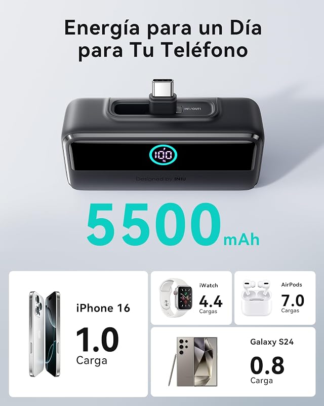 22.5W Carga Rapida Mini Batería Externa, 5500mAh USB C Power Bank Conector Plegable, Cargador Ligera Batería Externa con Pantalla LCD Powerbank para iPhone 16/15/15 Plus/15 Pro MAX Samsung etc
