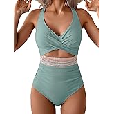 B2prity One Piece Swimsuit for Women Tummy Control V Neck Bathing Suit Color Block High Waisted Cutout Swimwear