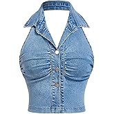 Milumia Women's Ruched Button Front Denim Halter Top Sleeveless Collar Neck Summer Crop Tops