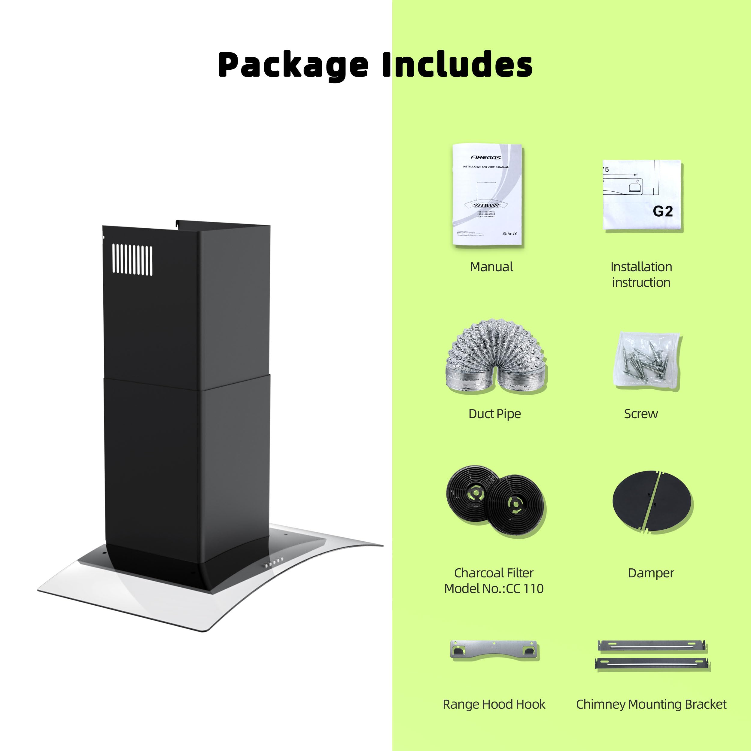 FIREGAS Wall Mount Range Hood 30 inch with 3 Speed Fan,black range hood with tempered glass,400CFM,Push Button Controls, LED Lighting, Permanent Filters in Stainless Steel,includes 2 Charcoal Filters