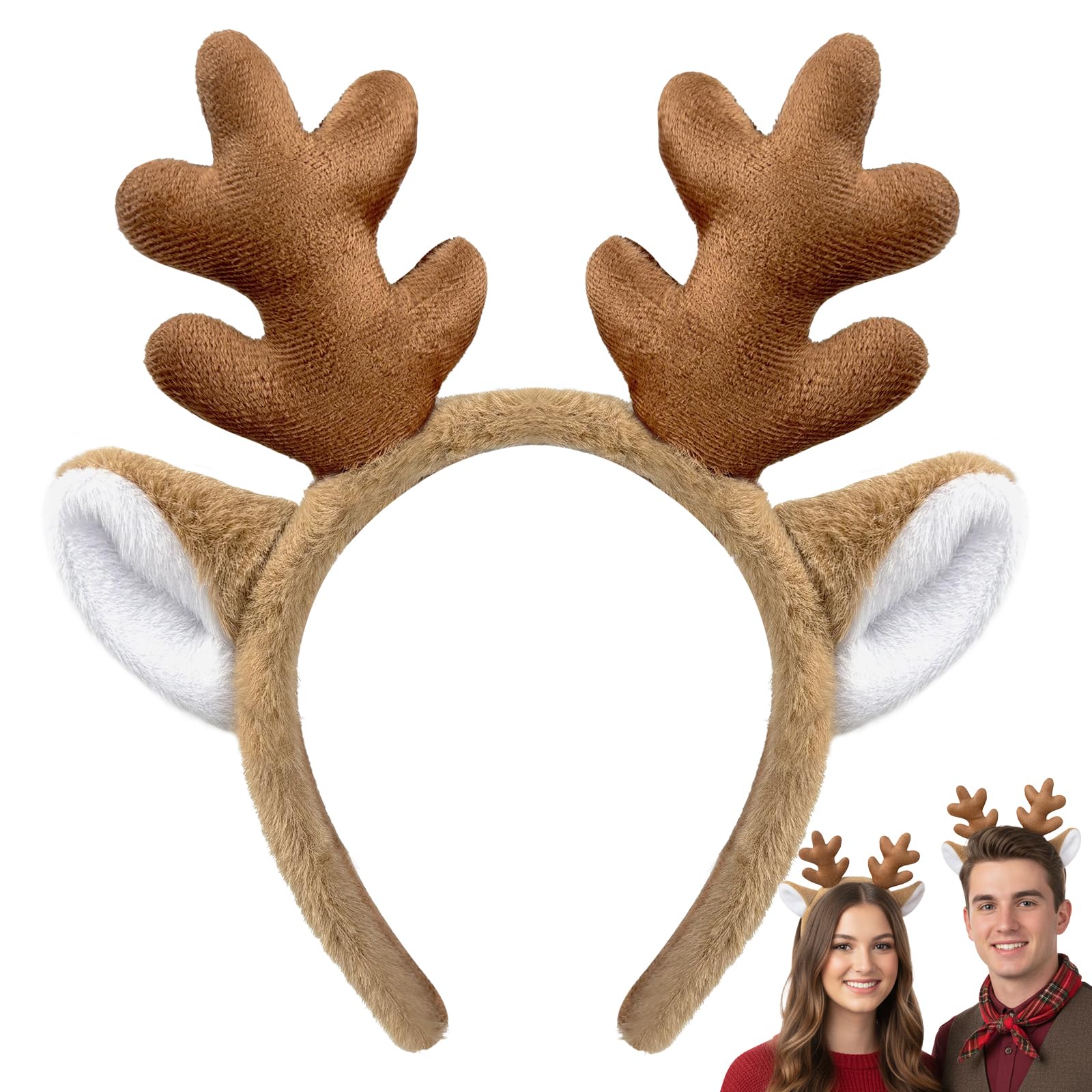 Photo 1 of Dolkoic Reindeer Antlers Headband Christmas Deer Ears Headbands Fluffy Animal Deer Antlers Headband Halloween Party Cosplay