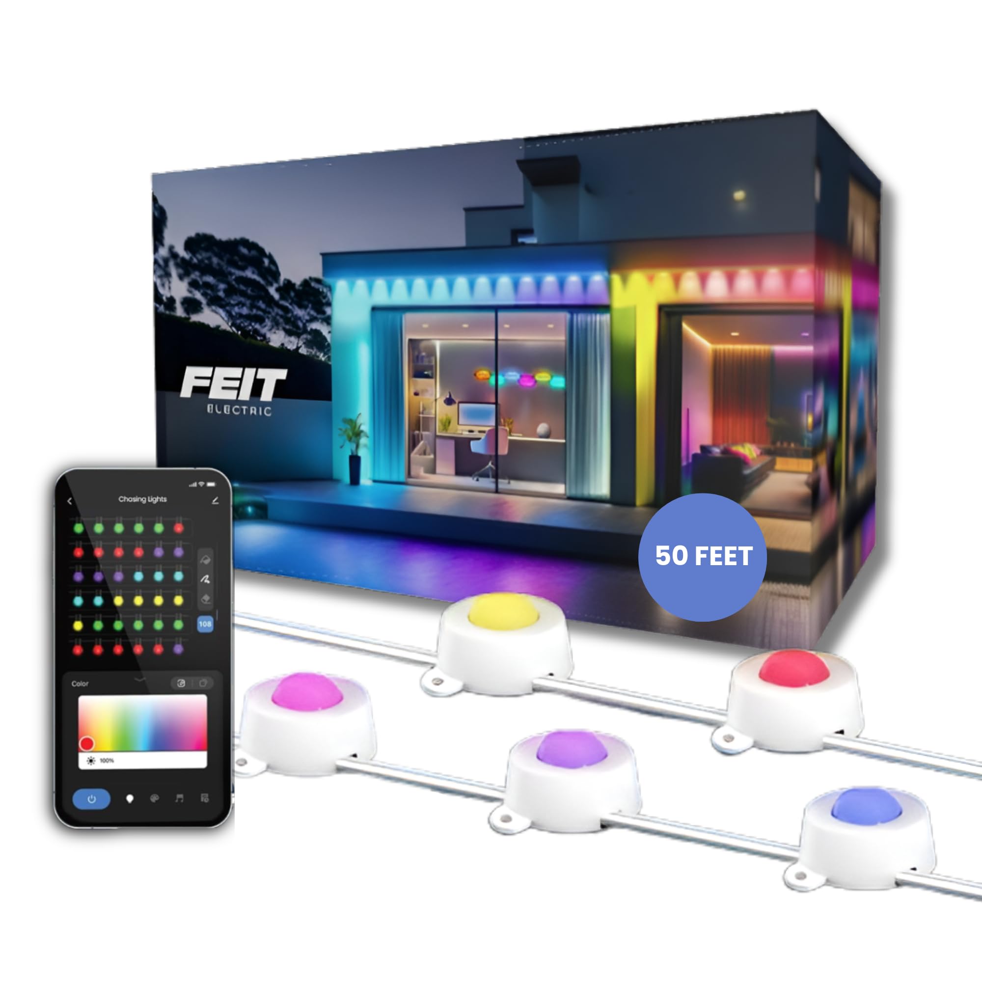 Photo 1 of Feit Electric Permanent Outdoor Lights, Smart RGBIC String Lights, 50FT LED Christmas Lights, 2.4GHz WiFi-Enabled Under Eaves Light, Work with Alexa and Google Assistant, Weatherproof, SL50-36/RGB/AG