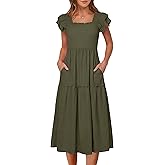 Caracilia Womens Summer Maxi Dress 2026 Casual Ruffle Short Sleeve Square Neck Smocked Flowy Sundress Beach Vacation Clothes