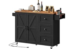HOOBRO Kitchen Island with Power Outlet, Kitchen Island on Wheels, Rolling Island Cart with 3 Drawers, Storage Cabinet and Ad