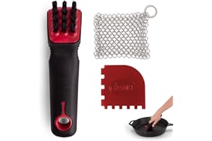 Cuisinel Cast Iron Scrubber Cleaning Brush + Stainless Steel Chainmail + Pan Scraper - Skillet, Grill Cleaner Kit - Soft-Touch Easy-Grip Dish Scrub Tool - Bristles Tough on Grease - Gentle on Cookware