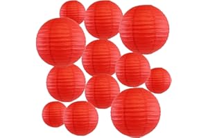 Peywot 12Pcs Round Paper Lanterns Assorted Sizes (6" 8" 10" 12") for Home Decor, Restaurant, Church, Wedding, Birthday Party Decorations, Hanging Chinese Japanese Paper Lantern Lamps (Red)
