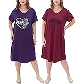 FEREMO 2 Pack Plus Size Nightgown for Women Casual V Neck Nightshirts Print Short Sleeve Sleepwear