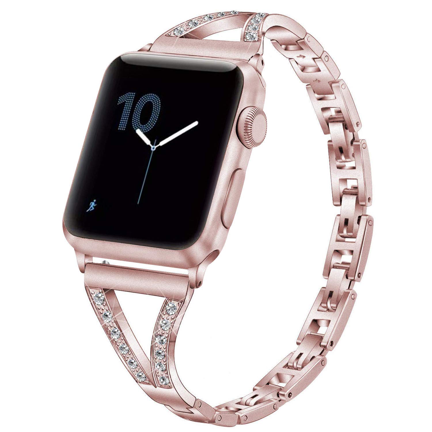 PUGO TOP Strap Replacement for Apple Watch Series 7 Series 6 5 4 SE iWatch Series 3 2 1 42mm, Adjustable Bling Metal Band with Rhinestones for Apple Watch (42mm/44mm/45mm, Rose Gold(for series 1&2))