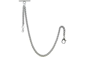 watchvshop Albert Chain Silver Tone Pocket Watch Chain Vest Chain for Men Heavy Wheat Spiga Rope Chain with Lobster Clip on Drop Fob T Bar AC108A