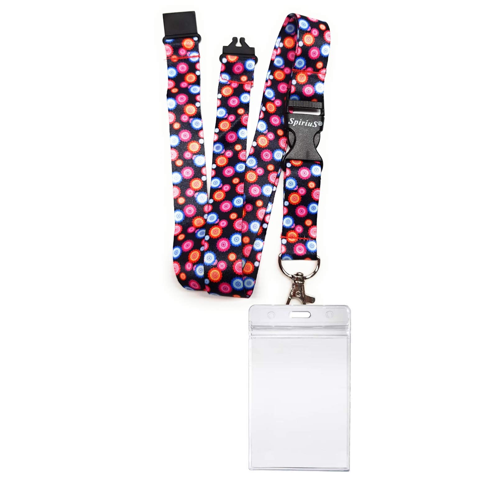 Zip-Lock Design & Waterproof Id Badge Card Holder + SpiriuS Lanyard Neck Strap with Metal Clip (Multicolour Flowers)