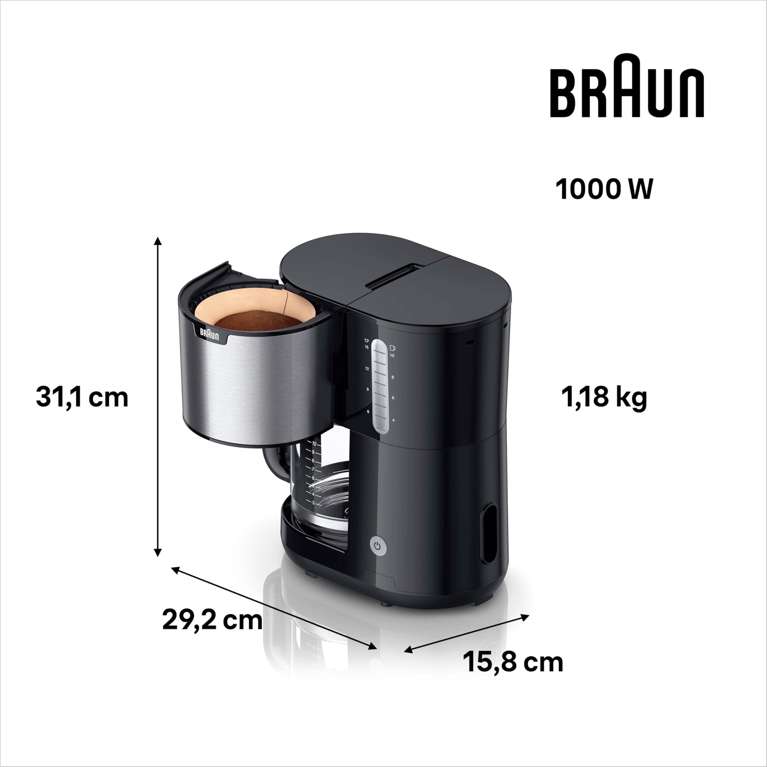 Braun PurShine KF 1500 BK Kaffeemaschine - Filterkaffeemaschine mit Glaskanne für bis zu 10 Tassen, OptiBrew-System, Automatische Abschaltung, 1000 Watt, Schwarz 5