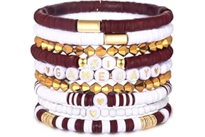 VOGUEKNOCK 9 Pack Game Day Bracelets for Women Stackable Heishi Beaded Stretch Bracelet Football Sport Fan Bracelet Sports Game Team Jewelry Accessories Gifts