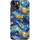 Goodon for iPhone 15 Case Cute - Wireless Charging Compatible - Dual-Layer Hard Shell + Silicone Cover - Protective Phone Case with Trendy Designs for Women - Abstract Bule Gold Water
