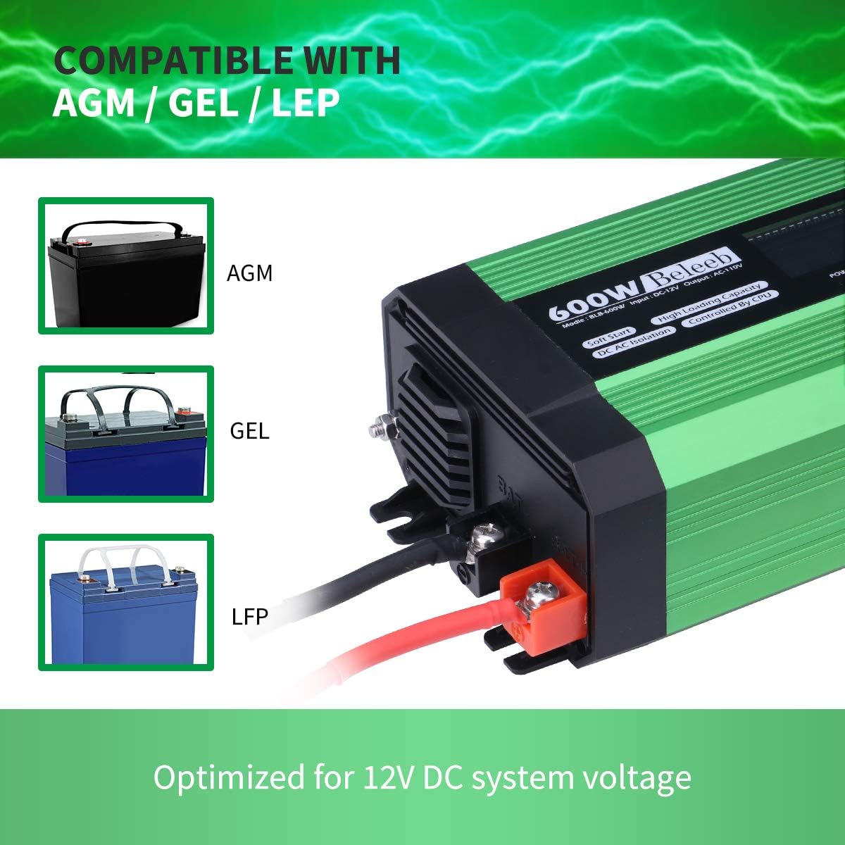 Beleeb 600W Pure Sine Wave Inverter, DC 12V to AC 110V Power Inverter with LCD Display, Dual USB Ports and 2 AC Outlets: Car Electronics