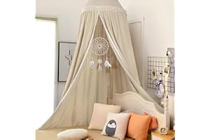 Kishome Kids Bed Canopy for Girls, Crib Canopy with Tassels Princess Hanging Children Canopy Tent, Decor Toddler Girl Canopy Bed Netting for Girls Room Reading Nook, Nursery Room Curtain Light Khaki