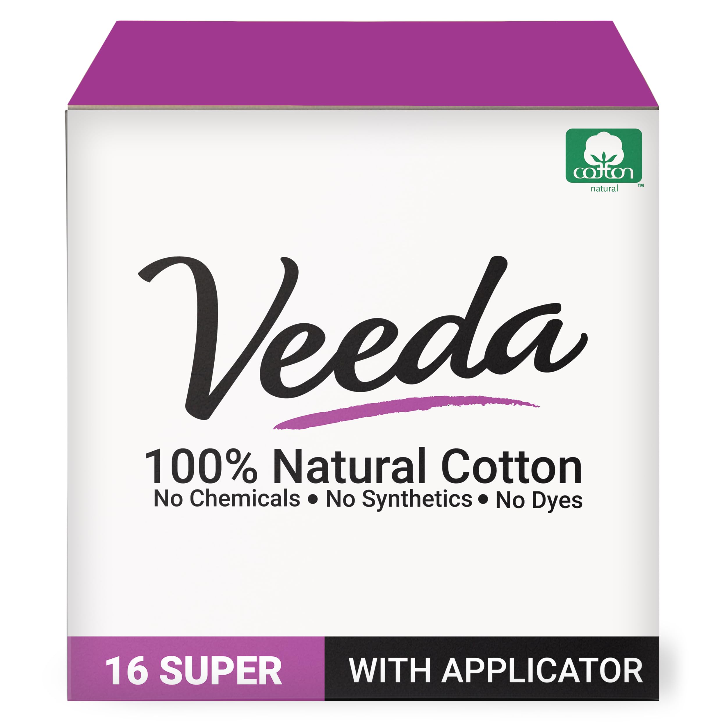 Veeda 100% Natural Cotton Super Tampons with Compact BPA-Free Applicator, Dermatologically Tested, Chlorine, Fragrance and Dye Free, Unscented, 16 Count