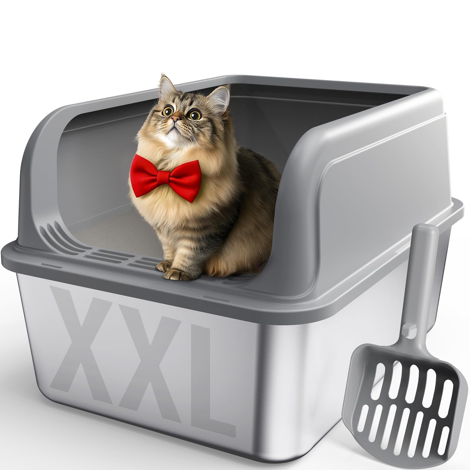 Powools Stainless Steel Cat Litter Box, Metal Litter Box with Scoop, High- Sided, Anti-Leakage Top Entry, Non-Sticky, Easy to Clean, 8-Inch Splash-Proof Deep Pan, Grey, XXL (1 Pack) Image