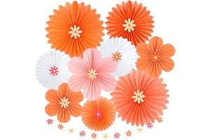 SUNBEAUTY Paper Fans Decorations Pink and Orange Party Decorations Flower Party Decorations Classroom Decoration Paper Floral Backdrop Decor Flower Wall Decor with Daisies,Set of 9