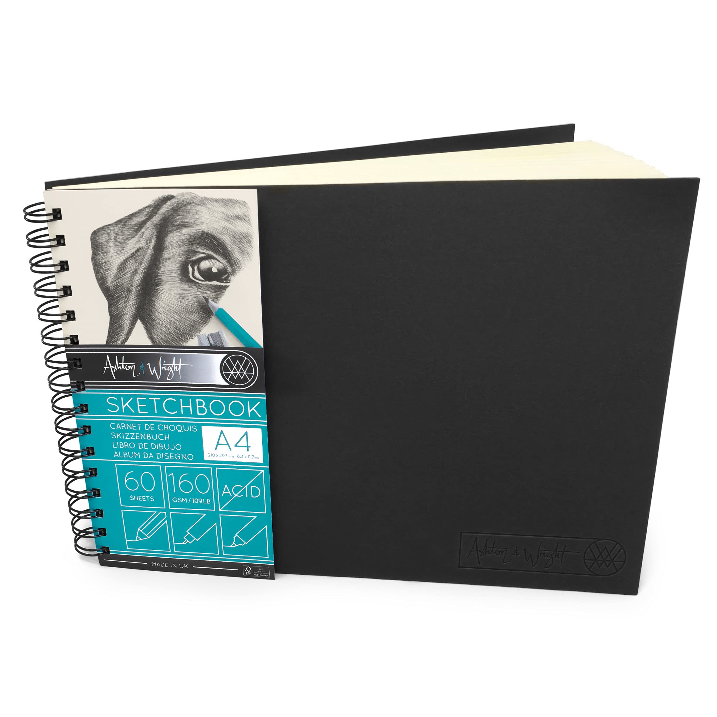 Ashton and Wright - A4 Classic Ivory Hardback Spiral Bound Sketchbook - 160gsm Paper - 60 Sheets