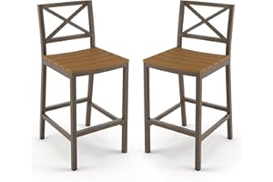 Cozyman Outdoor Bar Stools Set of 2, 26 Inch All Weather HDPS Patio Counter Height Barstools with Back & Footrest, Aluminum Bar Stool Chairs for Hot Tub, Balcony, Yard, Indoor Or Outdoor Use, Teak