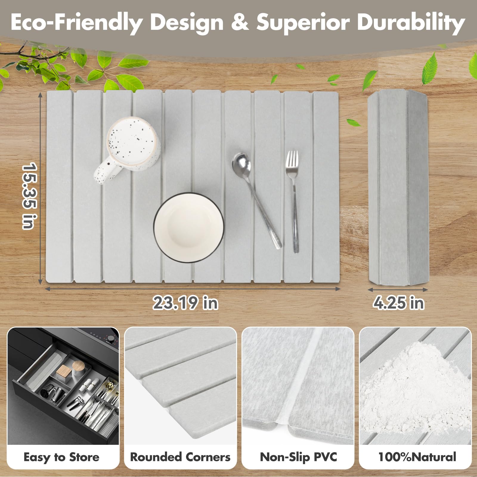 Large Stone Dish Drying Mat for Kitchen Counter, Eco-friendly, Instant Drying Pad,Diatomaceous Earth Water Absorbing Mat, Foldable and Super Absorbent Dish Drying Stone Mat, 24