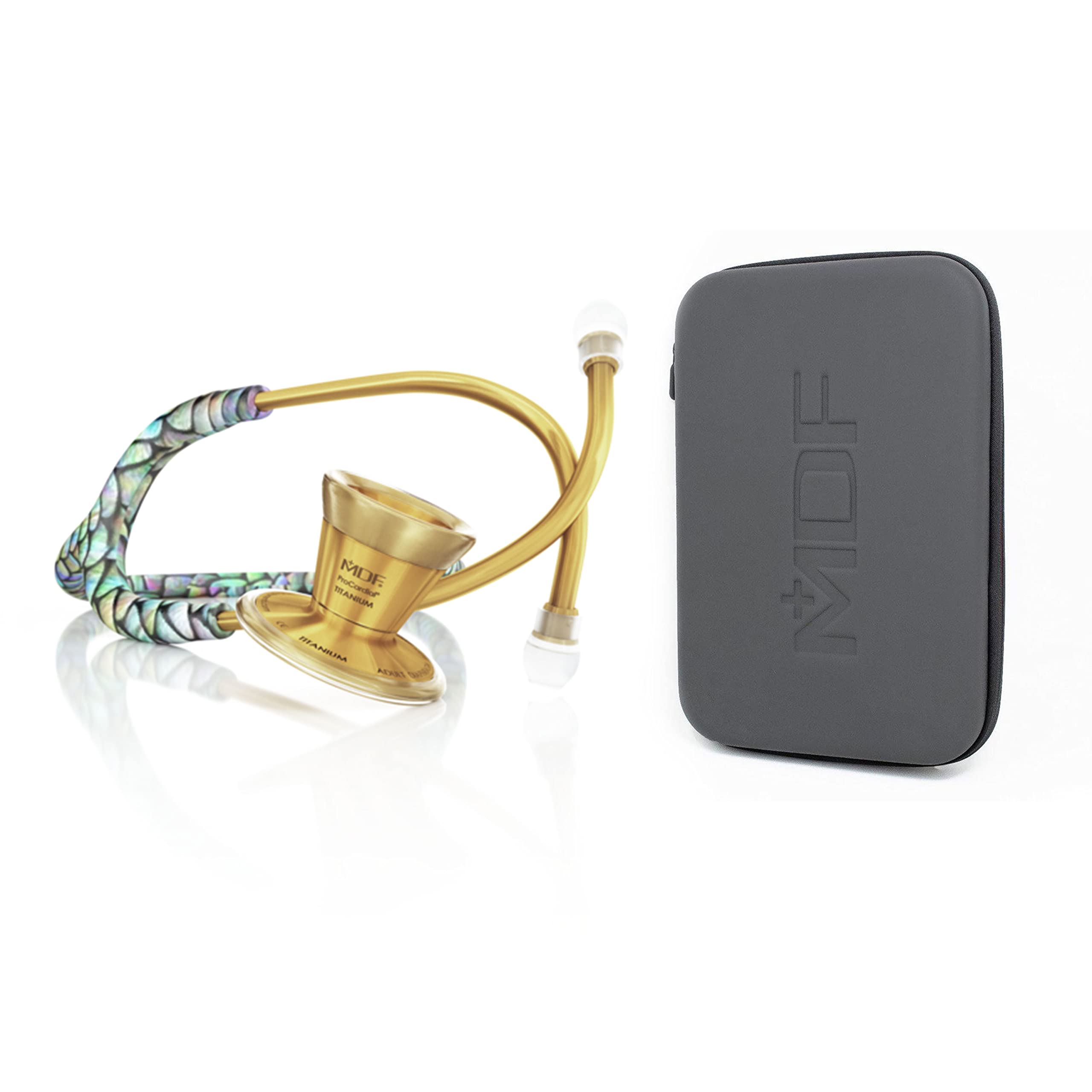 MDF Instruments, ProCardial Cardiology Stethoscope, Lightweight Titanium, MDF797TMMK + MDF Stethoscope Hard Travel Carrying Case with Mesh Pocket, Medium Size (MDFSCM12)