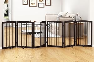 PUPETPO Freestanding Pet Gate with Door, Tall Dog Gate for House, Dog Gates for The House Extra Wide, Pet Puppy Safety Fence, Support Feet Included, 120 Inch Wide, 6 Panels 32" Tall, Brown