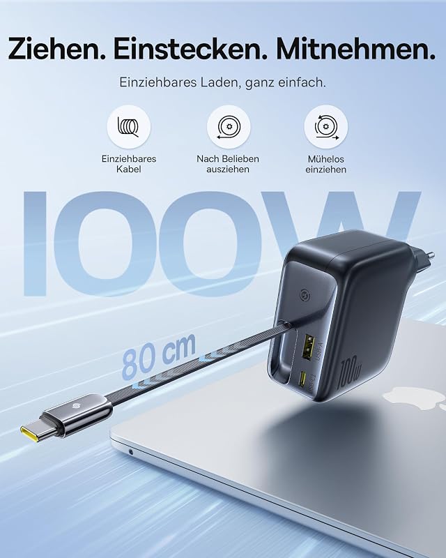 Enercore USB C Ladegerät 100W mit Ausziehbaren Kabel, 3 Ports GaN Netzteil, PD Schnellladegerät kompatibel mit MacBook Pro Air, Dell, HP, iPad, iPhone 17/16/15/14/13Pro Max Galaxy S25/24Ultra
