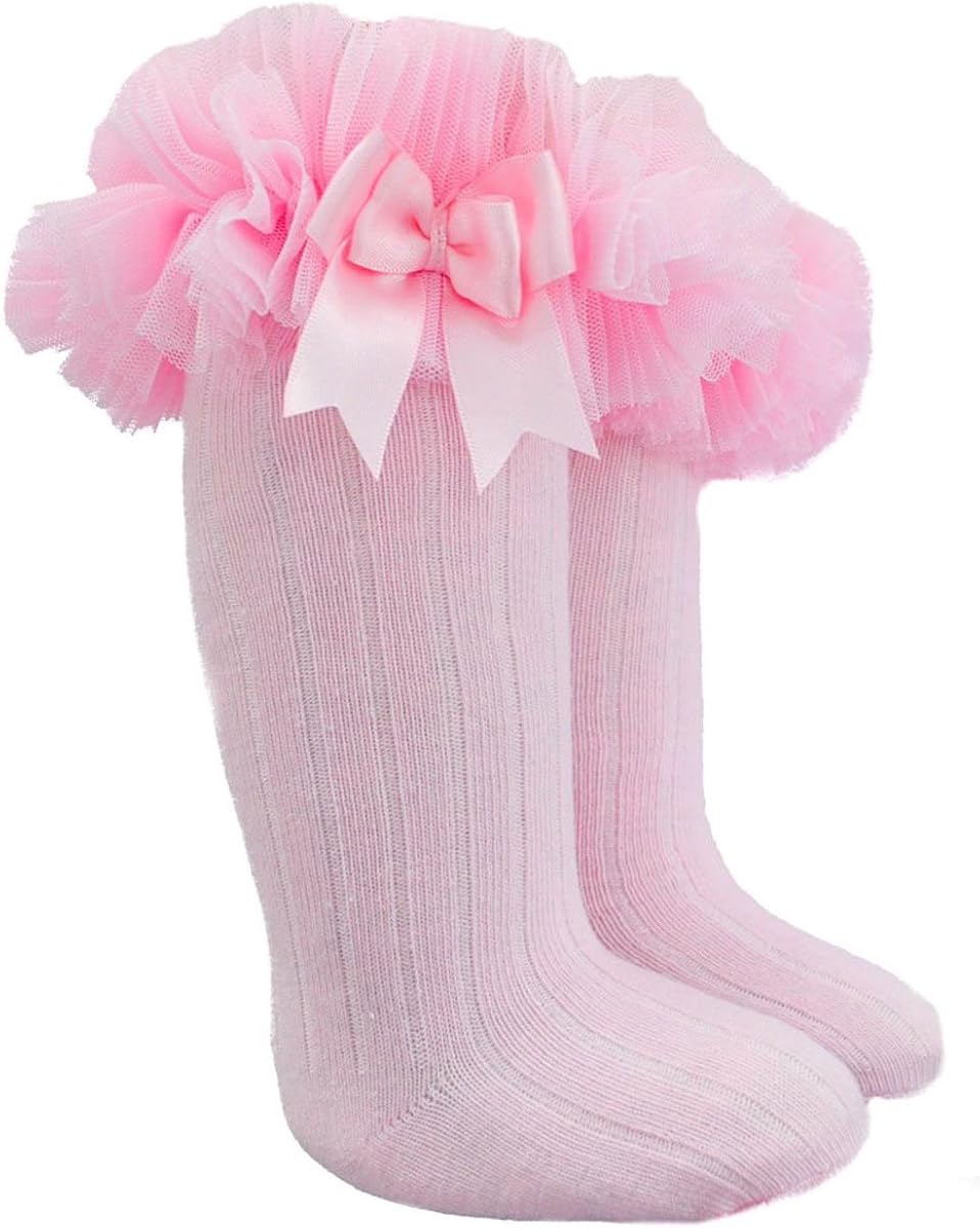 Baby Girls Ribbed Knee Length Tutu Socks With Spanish Satin Organza