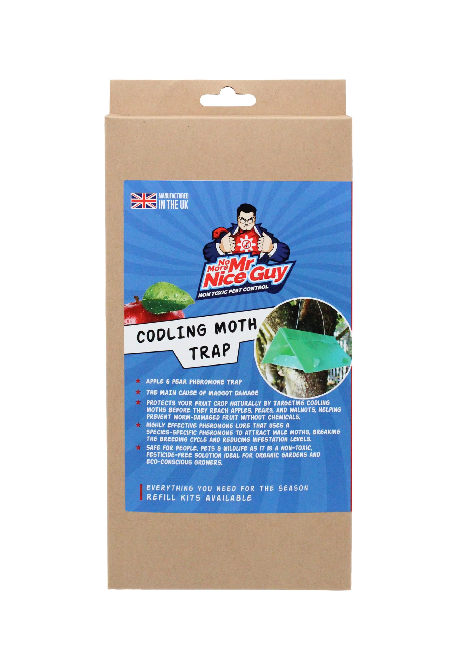 Codling Moth Trap Including Refill - 2 Pheromone Lures - 10 Weeks Supply Covering Annual Codling Moth Season - Reduces Apple & Pear Maggot Caterpillar Damage - 15 Metre Range - No More Mr Nice Guy