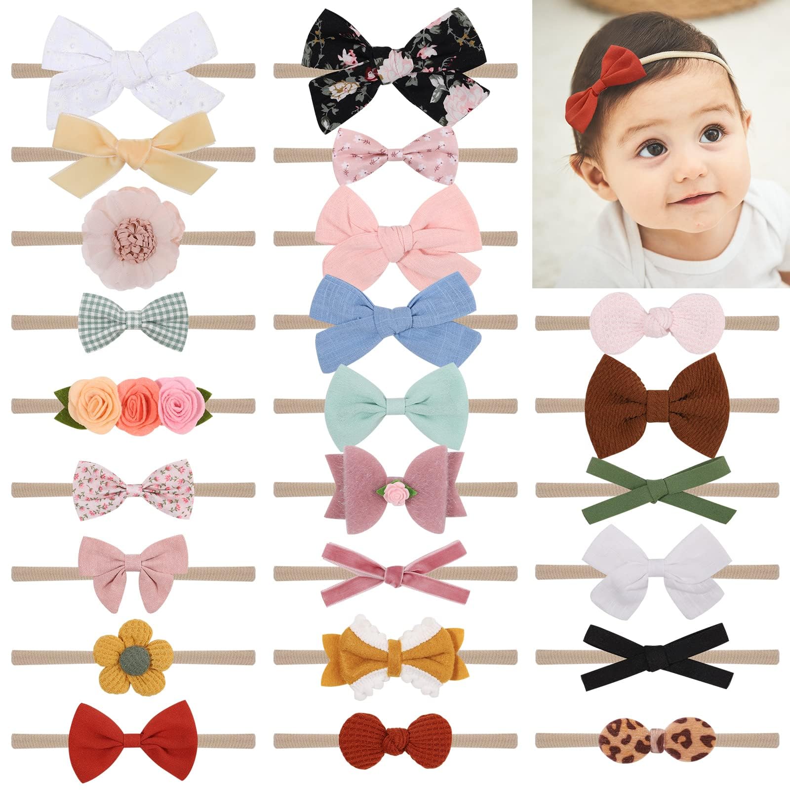 Photo 1 of doboi Baby Girl Headbands 24PCS Nylon Linen Handmade Hairbands with Hair Bows and Accessories for Newborns, Infants, Toddlers, and Little Kids
