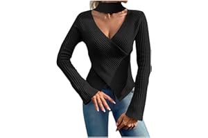 RUZIYOOG Womens V Neck Wrap Sweaters Halter Criss Cross Long Sleeve Knitted Tops Slim Fitted Solid Color Choker Blouse