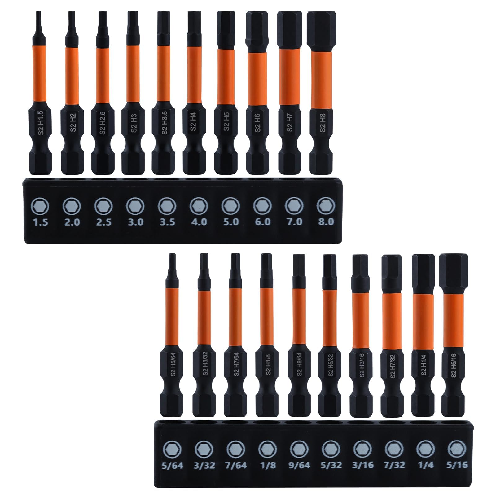 LEONTOOL Impact Hex Head Allen Wrench Drill Bit Set 20 Pcs (Metric and SAE) 1/4" Shank S2 Steel Hex Bit Set, Magnetic Allen Key Drill Bits, 2" Long Screwdriver Bits with Holder