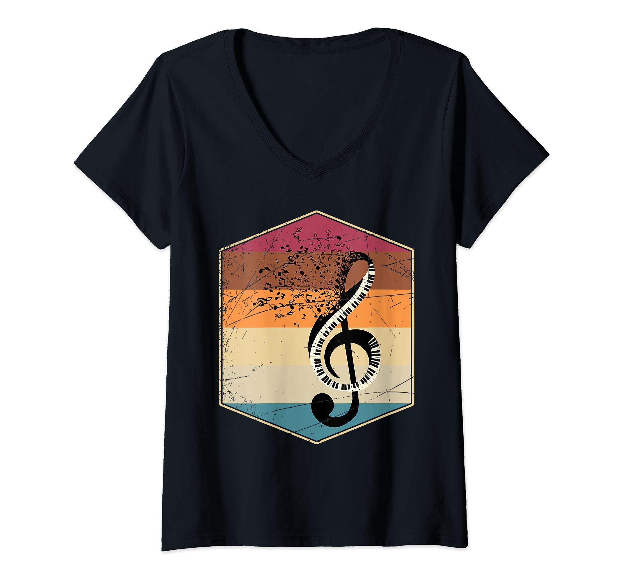 Womens Classical Musician Keyboard Treble Clef Pianist Retro Piano V-Neck T-Shirt
