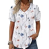 Zeagoo Women's Puff Short Sleeve Boho Shirts Casual V Neck Floral Solid Summer Blouse Pleated Tunic Top