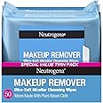 Neutrogena Makeup Remover Micellar Wipes, 2 Pack of 25 Ct | Plant-Based Micellar Water Cleansing Cloths, Gently Removes Oil, 