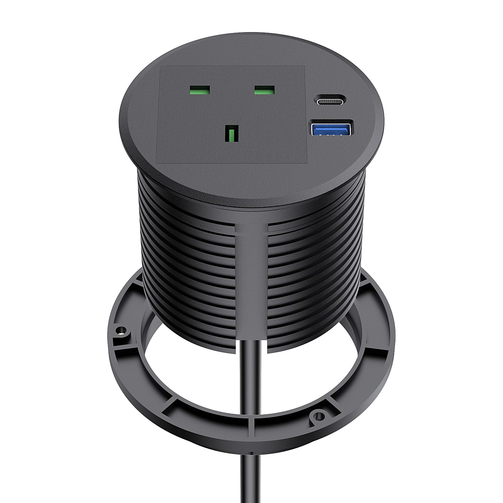 Haiaoyyds Desk Plug Socket Grommet 80mm Hole with 1 UK Plug, 2 USB Ports, 2M Cable, Recessed Socket for Home Office, Black