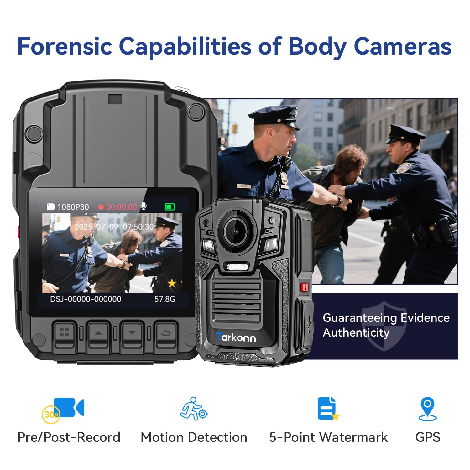 Tarkonn Body Camera with Audio and Video Recording, 4K/2160P Body Cam, 2PCS 1950MAH Batteries, Night Vision, GPS, 128G Bodycam, Police Body Worn Camera